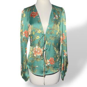Majorelle Blouse Top Women Size S Green Floral Bird Print Long Sleeve Open Front